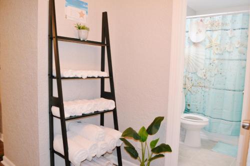 a bathroom with a toilet and a shelf with towels at Forever Summer - Entire House! with KING Bed! in Clearwater