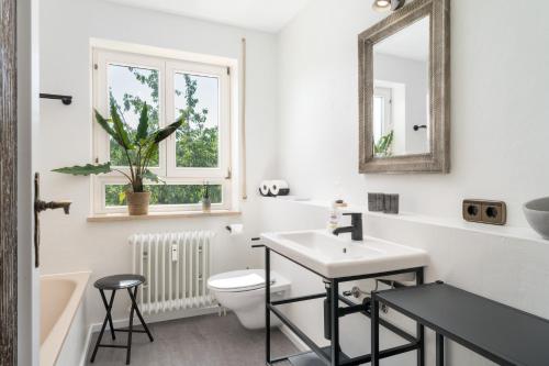 a bathroom with a sink and a toilet and a mirror at Wohlfühlwohnung mit Parkplatz, Zentral, schnelles Wlan, Bodensee & Schweiz Nähe in Singen