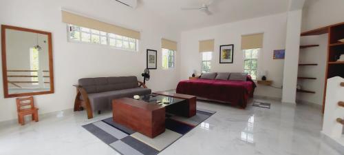 a living room with a couch and a table at NEW! CASA XOLA Cenote and Fauna Loft in Cozumel