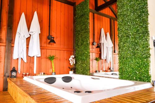a bath tub with ivy on the wall in a bathroom at Chale romantico em Praia do Mar Aberto, Palhoca SC in Palhoça