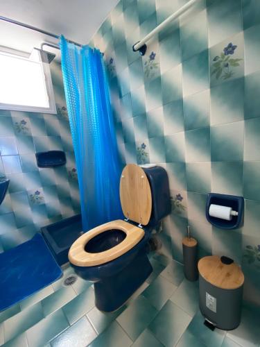 a blue bathroom with a toilet and a shower at Beautiful House in Front of the Sea in Gázion