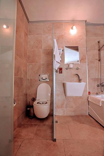 a bathroom with a toilet and a sink at Gödence Hotel Restoran Bungalow in Gödence