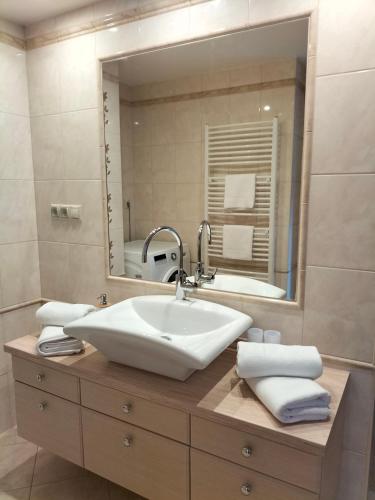 a bathroom with a sink and a mirror at Sakura Apartment in Mosonmagyaróvár