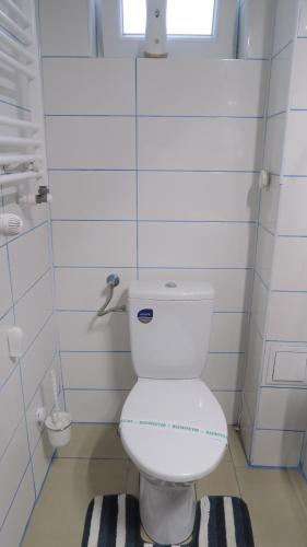 a white toilet in a bathroom with a window at Aeroport - Relax Casa Victoria in Otopeni