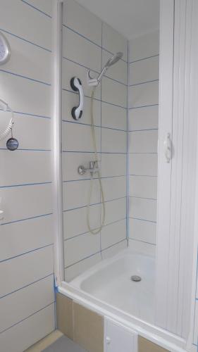 a shower with a shower head in a bathroom at Aeroport - Relax Casa Victoria in Otopeni