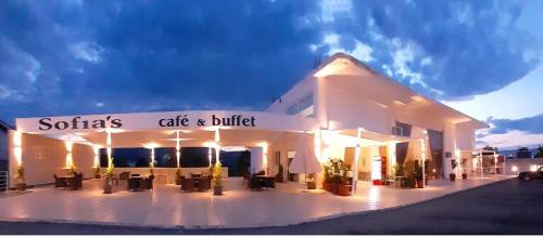 イオアニナにあるSofias Hotelの白い大きな建物で、カフェとビュッフェを提供しています。
