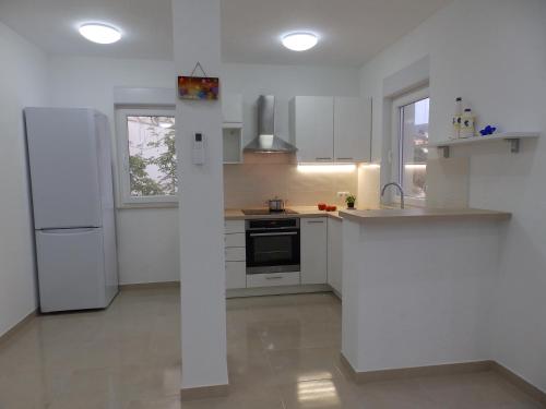 eine Küche mit weißen Geräten und einem weißen Kühlschrank in der Unterkunft Apartments by the sea Savar, Dugi otok - 11540 in Brbinj