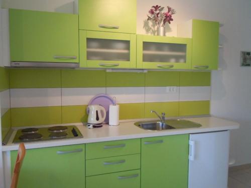 uma cozinha com armários verde lima e um lavatório em Apartment Sveta Nedilja 13753d em Jelsa