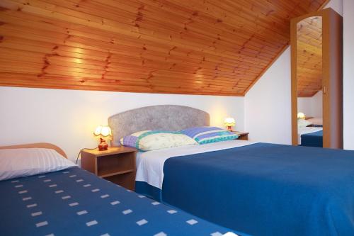 - une chambre avec deux lits et un plafond en bois dans l'établissement Apartment Smoljanac 14023a, à Smoljanac