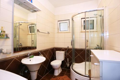 a bathroom with a toilet and a sink and a shower at Apartments by the sea Novigrad - 14028 in Novigrad Dalmatia