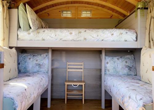 two bunk beds in a tiny house with a ladder at Glamp At The Priory in Aldeby