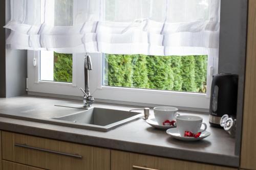 a kitchen sink with two cups and a window at Apartament Lazur in Piła