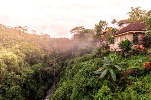 a house on a hill in the jungle at Tanah Merah Art Resort in Ubud