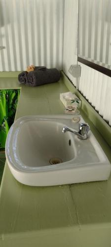 a white sink in a bathroom with a mirror at Gingerbread Cottage and Studio Fiji in Savusavu