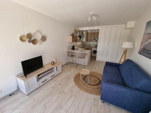 un salon avec un canapé bleu et une télévision dans l'établissement Charmant T2 avec Terrasse et Jardin Clos à 200m de la Plage - Parking Privé Inclus - FR-1-71-94, à Royan