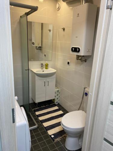 a small bathroom with a toilet and a sink at Hygge apartment Narva in Narva