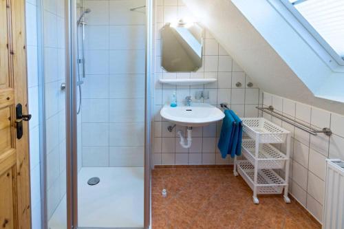 een badkamer met een wastafel en een douche bij Nordlicht in Norddeich