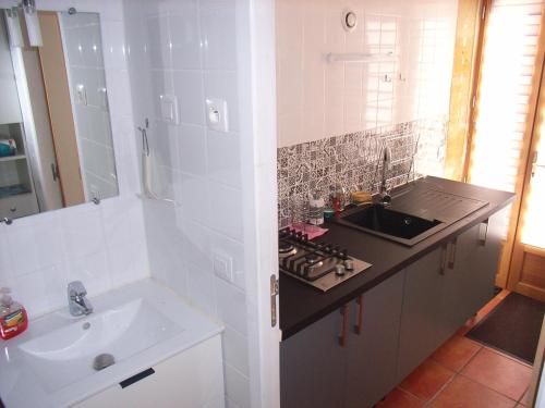 ein weißes Badezimmer mit einem Waschbecken und einer Arbeitsplatte in der Unterkunft Studio aux Eyzies au coeur de la vallée de l'homme in Le Repaire