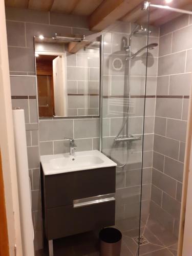 a bathroom with a sink and a shower at CHALETS impasse CHARMAURY et refuge SAMOENS in Samoëns