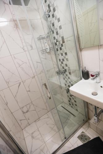 a bathroom with a shower and a sink at Apartman Studio Blue in Subotica