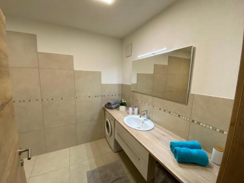 a bathroom with a sink and a mirror at Residence JORADO in Manning