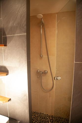 une douche avec pommeau de douche dans une salle de bain dans l'établissement Le Marais Chic AC, à Paris