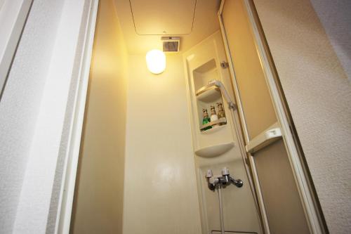 a bathroom with a shower with a sink and a light at Apartment Hotel Hakata in Fukuoka