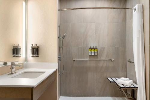 W łazience znajduje się prysznic i umywalka. w obiekcie Holiday Inn Express Hotel & Suites Fort Pierce West, an IHG Hotel w mieście Fort Pierce