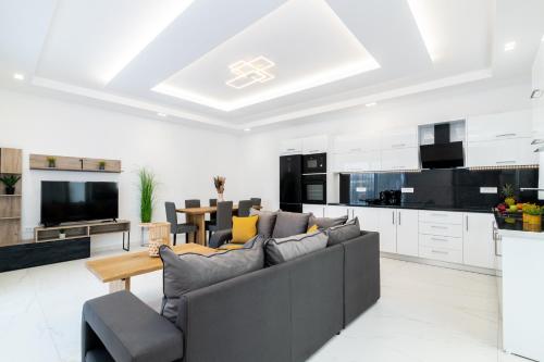 a living room with a gray couch and a kitchen at Eagle's Nest - Adjoining Villas! in Tsilivi