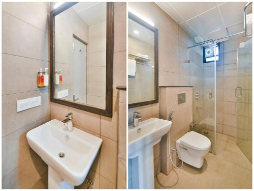 2 fotos de un baño con lavabo y aseo en Hotel Broadway Udaipur, en Udaipur