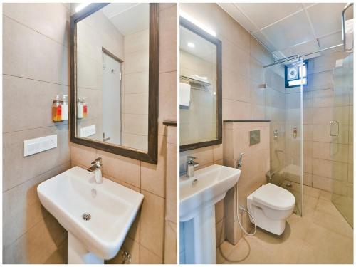 two pictures of a bathroom with a sink and a toilet at Hotel Broadway Udaipur in Udaipur