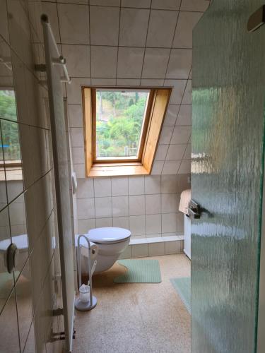 a bathroom with a toilet and a window at Ferienwohnung Augustusburg in Augustusburg