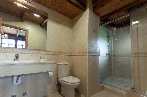 La salle de bains est pourvue de toilettes, d'un lavabo et d'une douche. dans l'établissement QUINTES PLAYA, à Villaviciosa