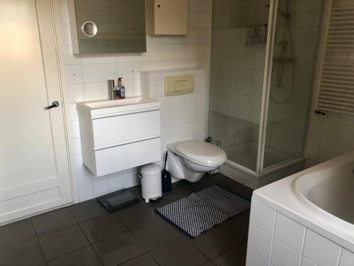 ein Bad mit einem WC, einem Waschbecken und einer Dusche in der Unterkunft Family Beach House Zandvoort City Center in Zandvoort