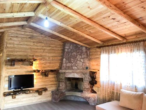 een woonkamer met een open haard en een televisie bij Lodges VEIS in Kamenicë