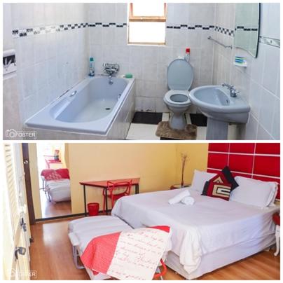 2 fotografias de uma casa de banho com uma cama e uma banheira em Home Sweet Home Bed and Breakfast em King Williamʼs Town