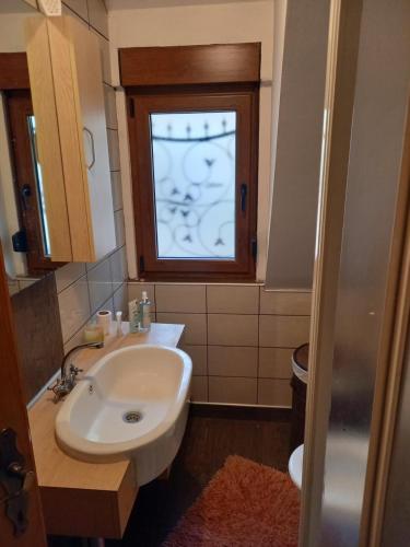 La salle de bains est pourvue d'un lavabo et d'une fenêtre. dans l'établissement Villa Drinski biser sa bazenom, à Višegrad