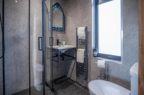 W łazience znajduje się prysznic, umywalka i toaleta. w obiekcie Tawny Lodge - Luxurious 1 Bedroom - Blossom Farm w mieście Johnston
