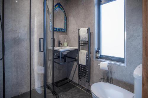 a bathroom with a shower and a sink and a toilet at Tawny Lodge - Luxurious 1 Bedroom - Blossom Farm in Johnston