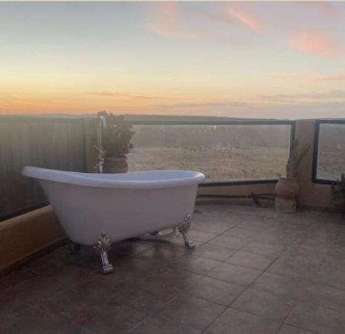 a bath tub with a potted plant on top of it at Skyline in Mitzpe Ramon