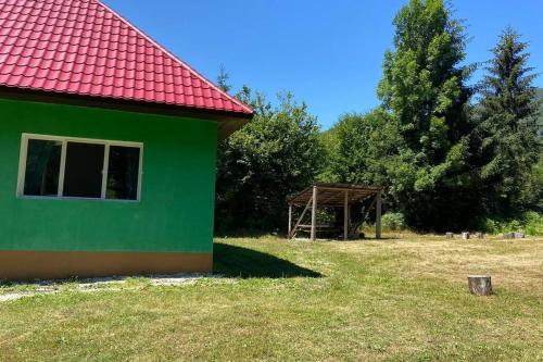 a green house with a red roof on a field at The Green House - Apuseni Mountains in Pietroasa