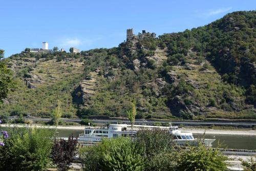 a castle on top of a hill next to a river at Perle am Rhein in Boppard