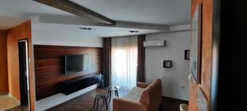 un soggiorno con divano e TV in camera di Apartman 11 a Leskovac