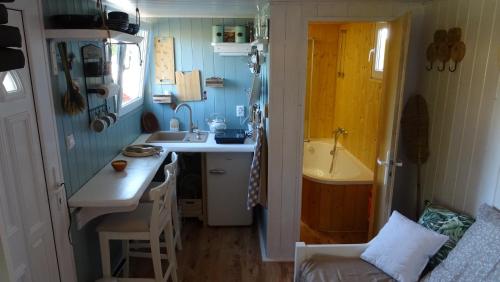 eine kleine Küche mit einer Spüle und einer Arbeitsplatte in der Unterkunft Maringotka Na horním konci 