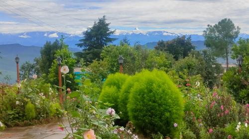 a garden with flowers and mountains in the background at Kasar wonder hill homestay in Almora