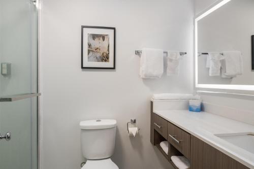 a bathroom with a toilet and a sink and a mirror at Glengarry Extended Stays in Truro