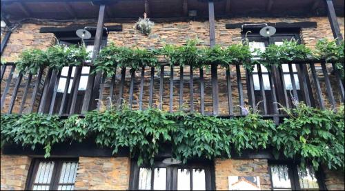 un edificio de ladrillo con plantas en una valla en Casa rural **** El Barreiro. Ideal para familias. en Sorbeda