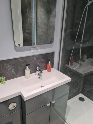 a bathroom with a sink and a mirror at The Finch Hatton Arms in Sleaford