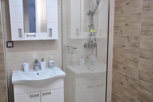 y baño con lavabo y ducha. en Guest House Atena en Nova Pazova