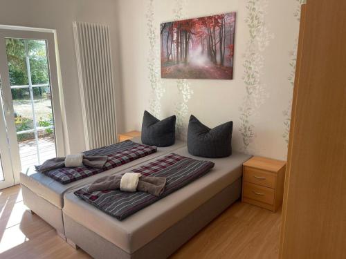 een slaapkamer met 2 bedden en kussens erop bij Ferienwohnanlage Königerode in Königerode
